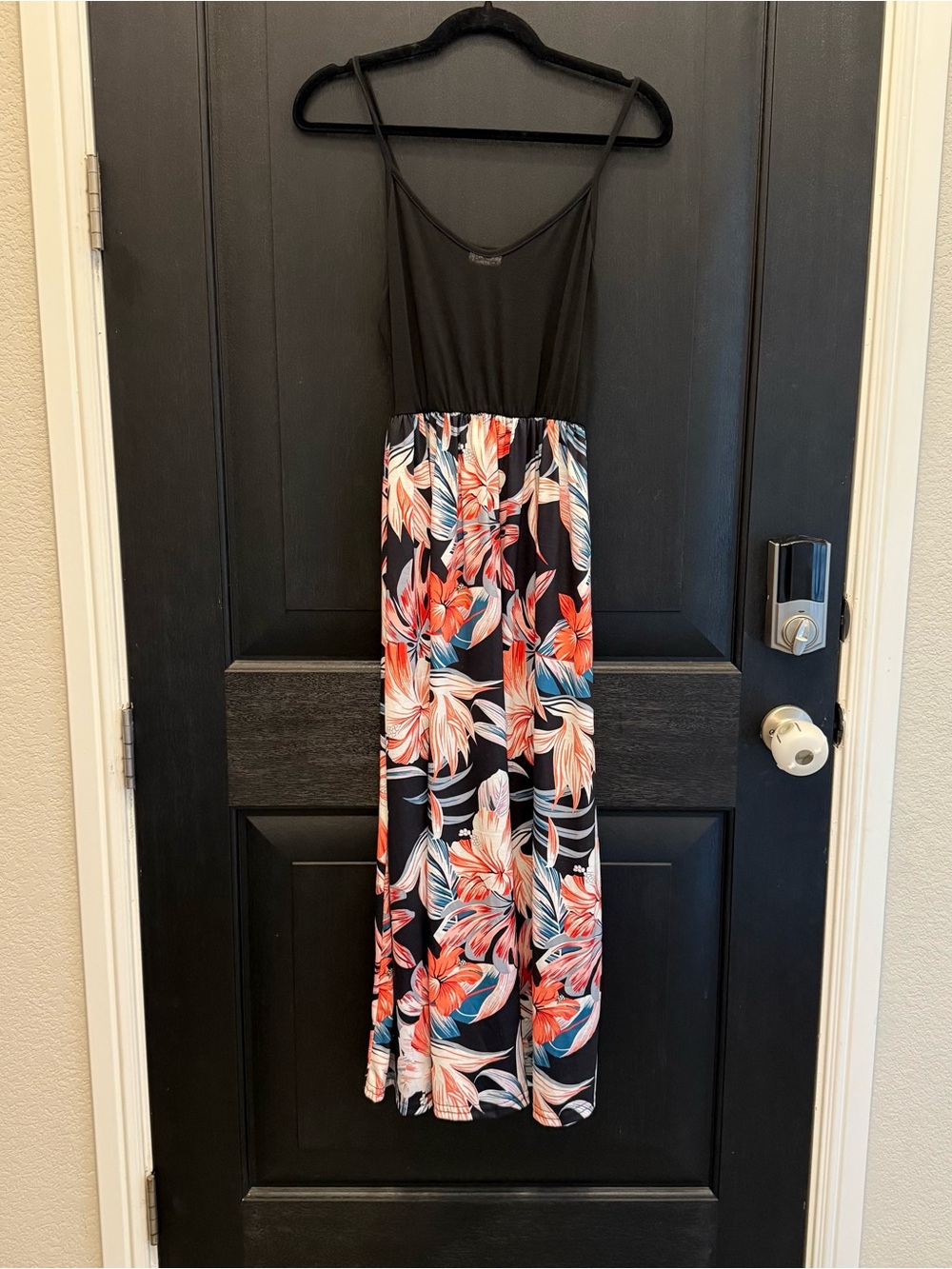 Chicmatchy Black Floral Maxi Dress with Coral and Blue Print